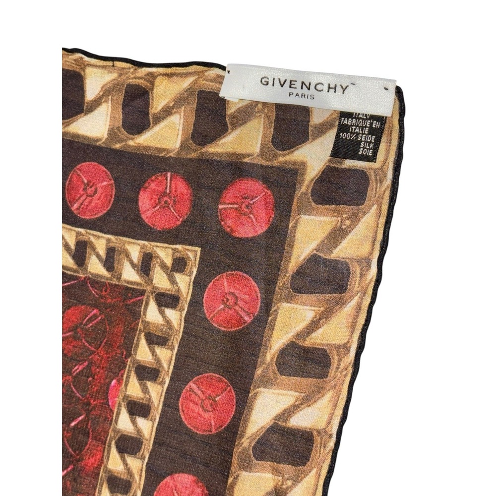 Givenchy Paris Logo Silk Scarf 37x37" Italy Brown & Red Gold Chain Pattern - Picture 8 of 9